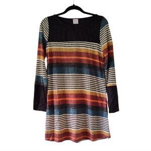 Wanna B Multi Stripe Knit Short Dress Faux Black Suede Long Sleeve Medium NWT